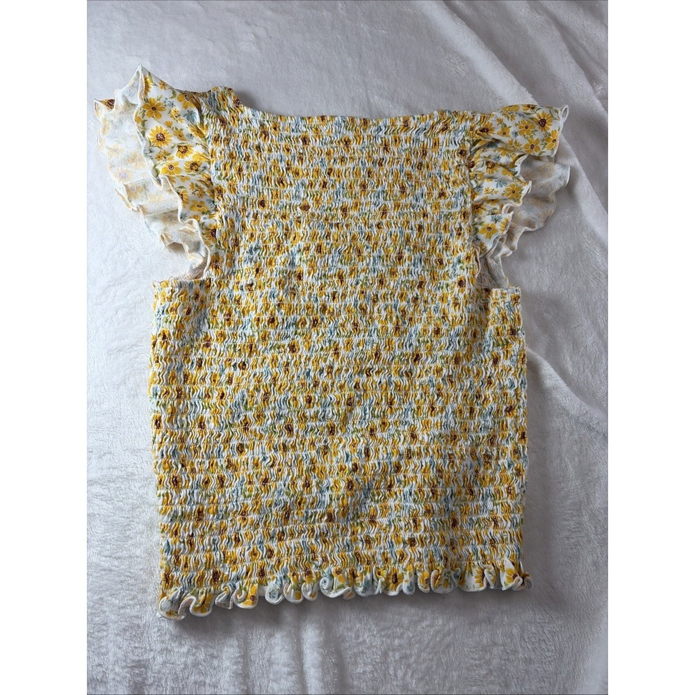 Old Navy Cropped Top‎ Smocked Blouse Women Large Sunflowers Flutter Sleeve Retr - Picture 4 of 7